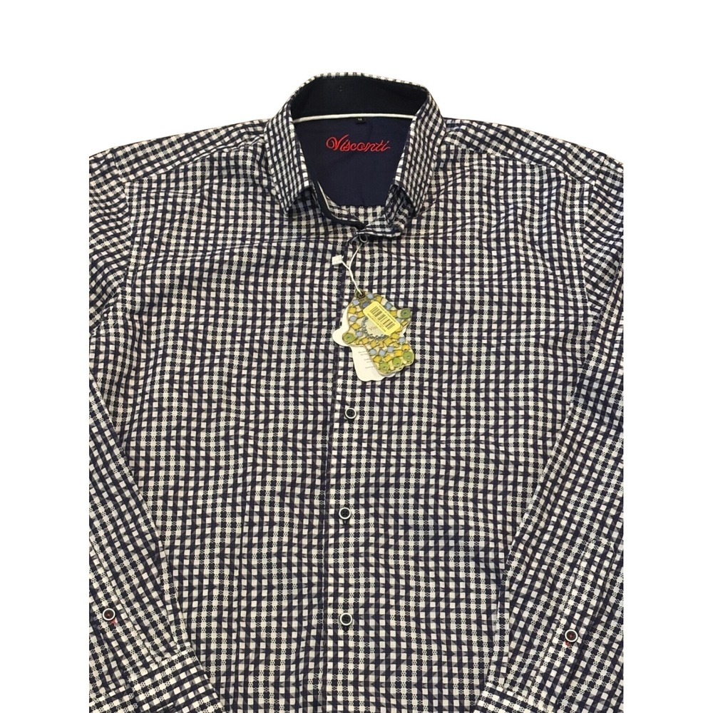Visconti Mens Navy Blue White Gingham Long Sleeve Button Down Shirt Size M NEW